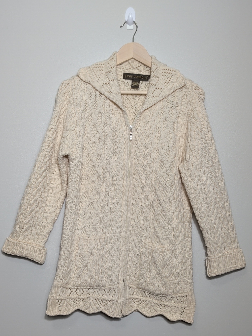 Inis Crafts 100% Merino Wool Cable Knit Long Full Zip Cardigan Sweater Medium